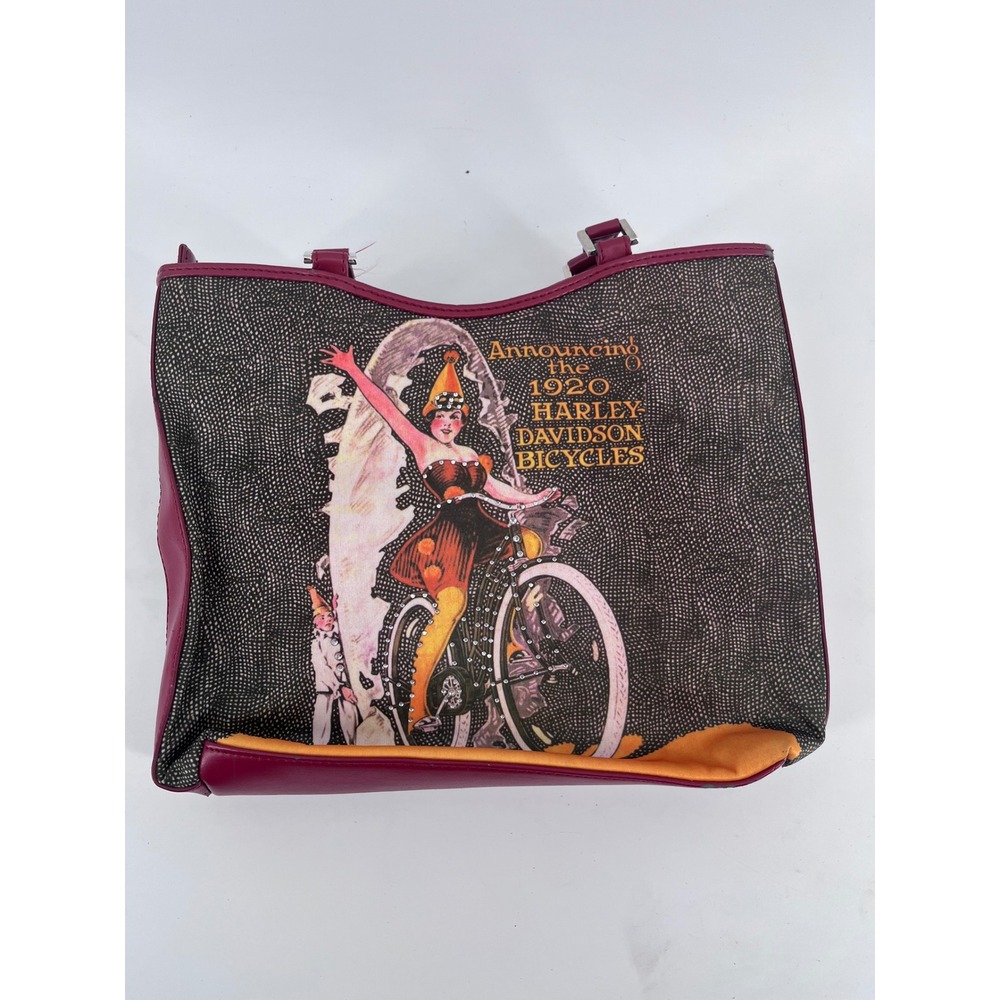 Harley Davidson 1920 Bicycles Vintage Graphic Shoulder Bag Magenta Trim Biker
